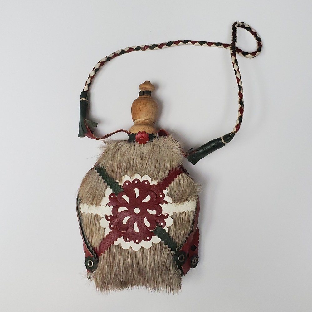 Vintage Folk Art Hungarian Shepherd's Canteen Kulacs Fur Leather Handmade